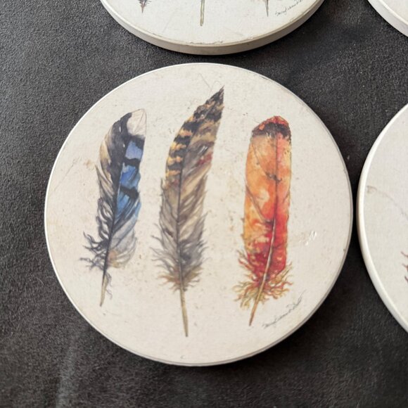 Set Of 4 Round Feather Design Cork-Backed Ceramic Coasters - Picture 3 of 3